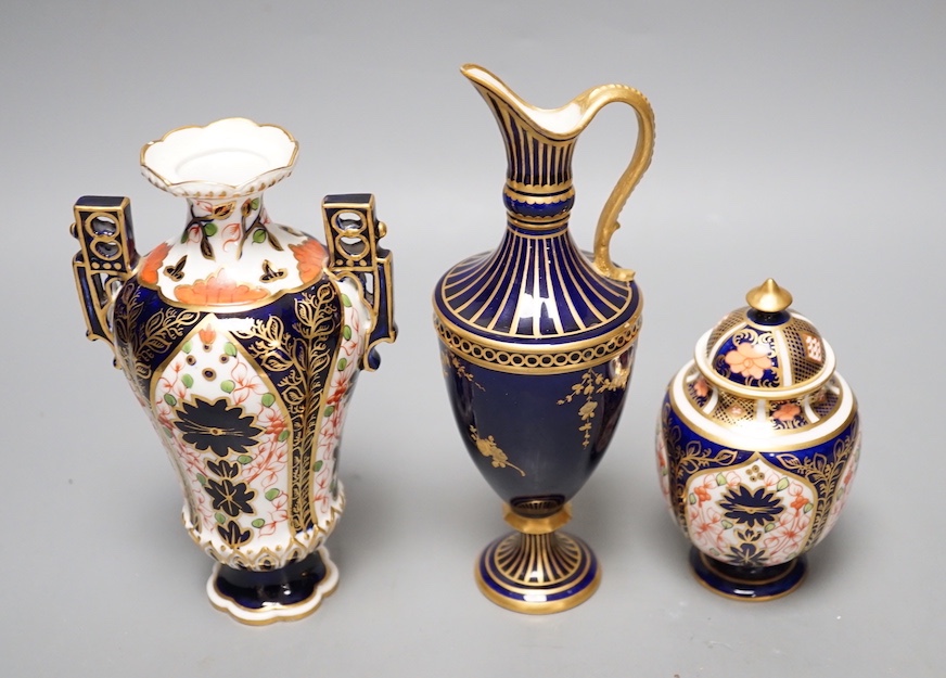 Royal Crown Derby Imari - a vase and cover and a two handled vase and a similar ewer, Tallest 19cm